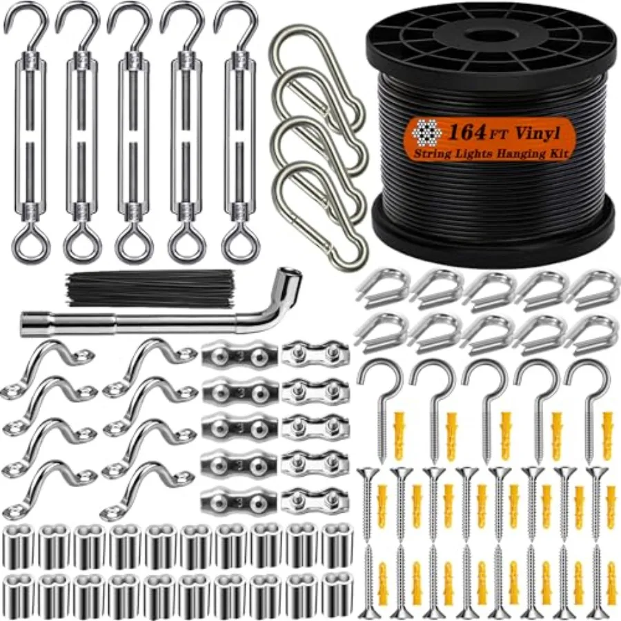 

164FT Outdoor String Light Hanging Kit Black Vinyl-Coated 304 Stainless Steel Wire Rope Turnbuckles and Hooks Rustproof Easy In