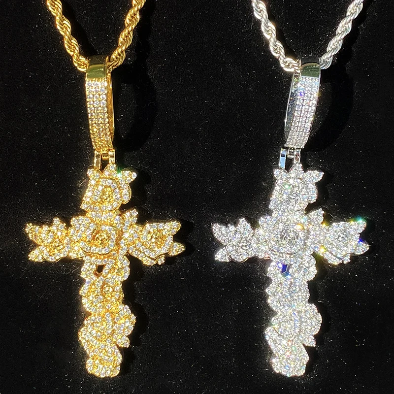Hip Hop 5A+ CZ Stone Paved Bling Iced Out Flowers Cross Pendants Necklace for Men Rapper Jewelry Gold Silver Color