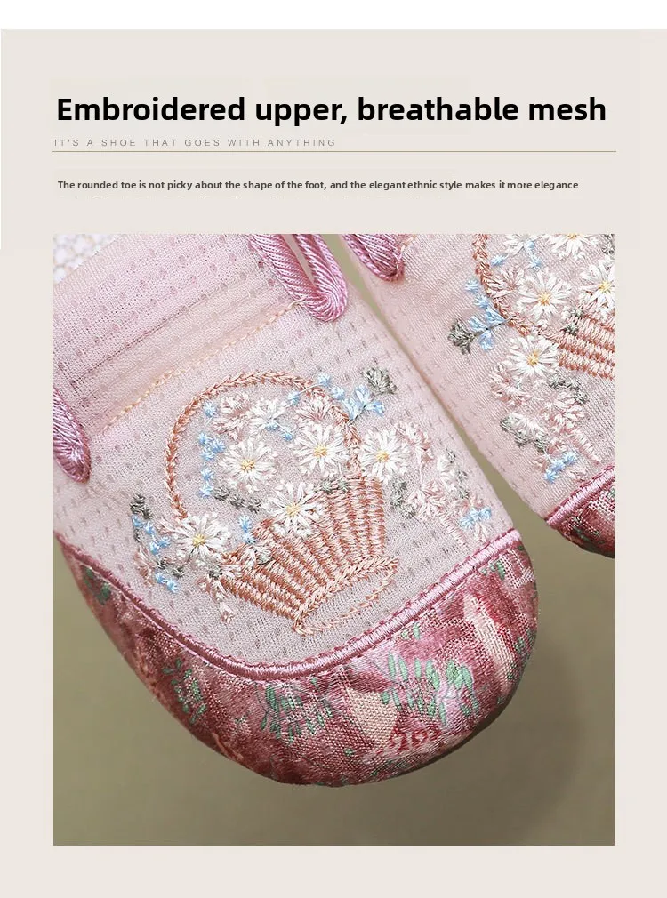 Damen-Slipper mit Blumenstickerei, flache Schuhe aus Mesh, chinesischer Stil, dekorativer Knoten, atmungsaktiv, leicht, rutschfest, Mutter-Slipper. – Detail 10