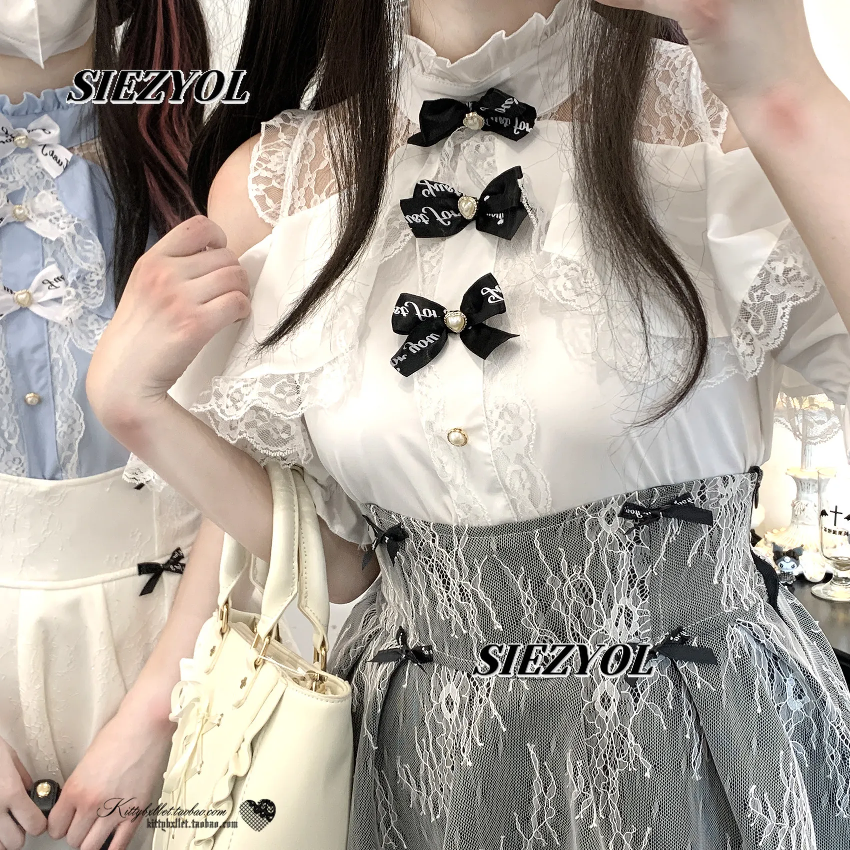 Sweet Girls Tops Summer New Arrival Original Easiest for Match Stand Collar Blouse Bows Lace Off-shoulder Short-sleeved Shirt