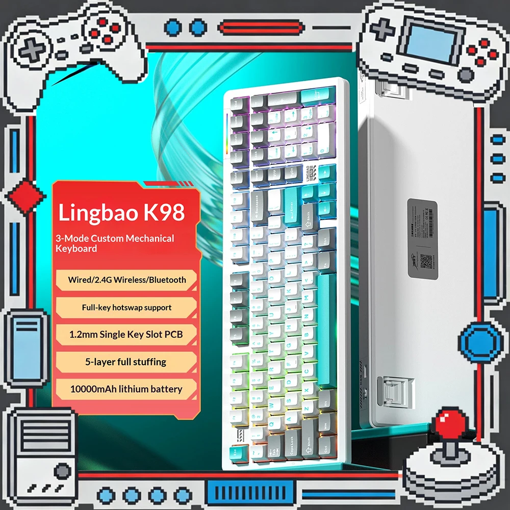 Lingbao K98 Mechanical Keyboard Tri Mode Hot Swap Gasket Wireless Keyboard Five-layer pile is fully filled 10000mAh battery Pc