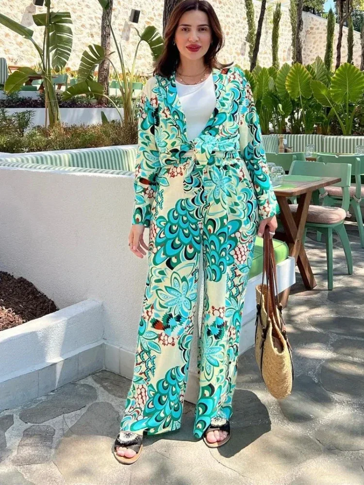 

Eid Modest Muslim Two Piece Sets Women Print Shirts & Wide Leg Pants Set Musulman Ensembles Full Sleeve Loose High Waist Long