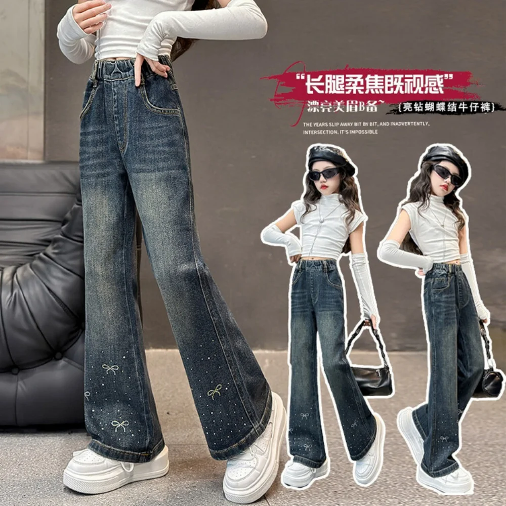 Girls' Jeans for Spring and Autumn. New Arrival Big Kids Girls' Embellished Pants with Light Stretch and Flared Legs.