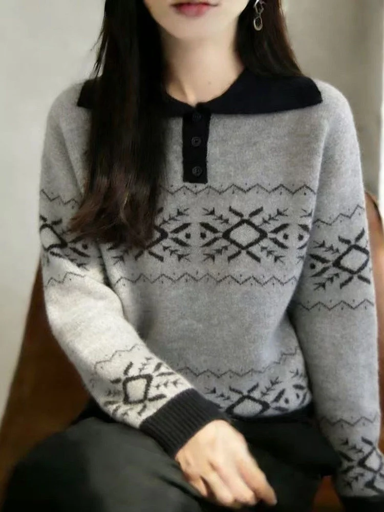 

Women's Knitted Ne Sweater ey Button Contrast Color Fluffy Knit Base Layer Outerwear Casual Sle Loose Fit Long Sve