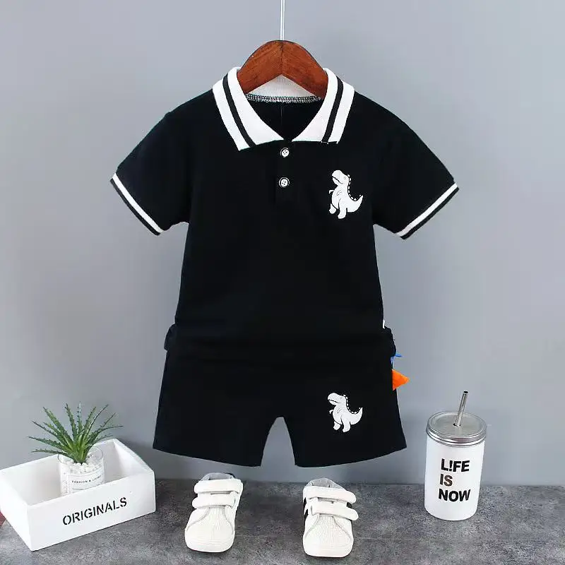 

2025 Infant Baby Boy Sets Summer Clothing Casual Sport Suit POLO Shirt + Shorts 2Pcs Set Boys Kids Grey Dinosaur Print Tracksuit