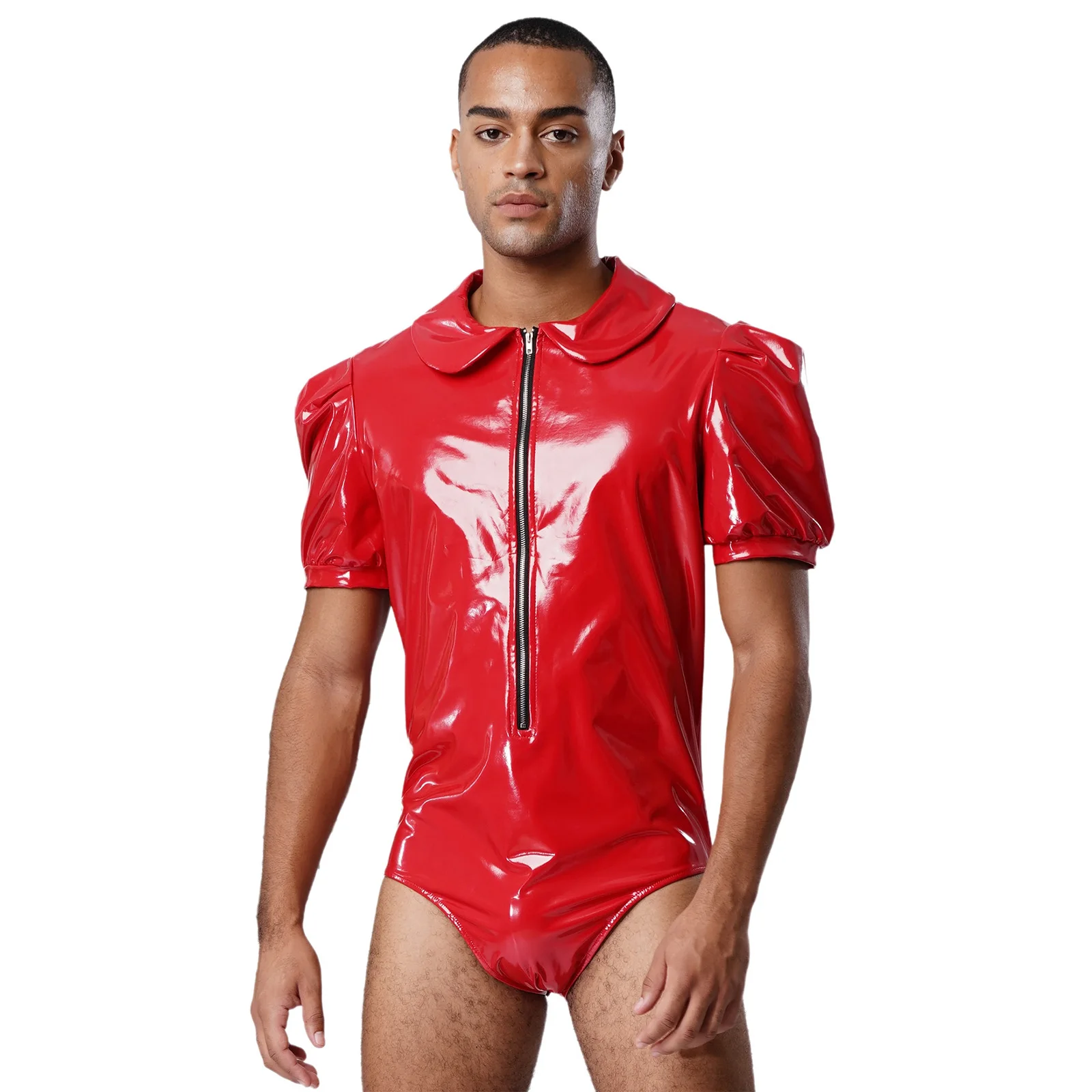 

Men Leather Latex Leotards Jumpsuit Glossy Wet Look Short Sleeve Zipper Lace Ruffled Bodysuit for Nightclub Party Clubwear