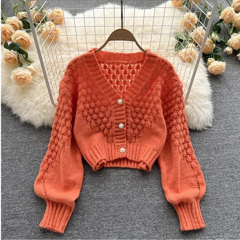 Laranja oco para fora acrílico malha lanterna manga com decote em v cardigan feminino único breasted camisola cardigan para roupas femininas