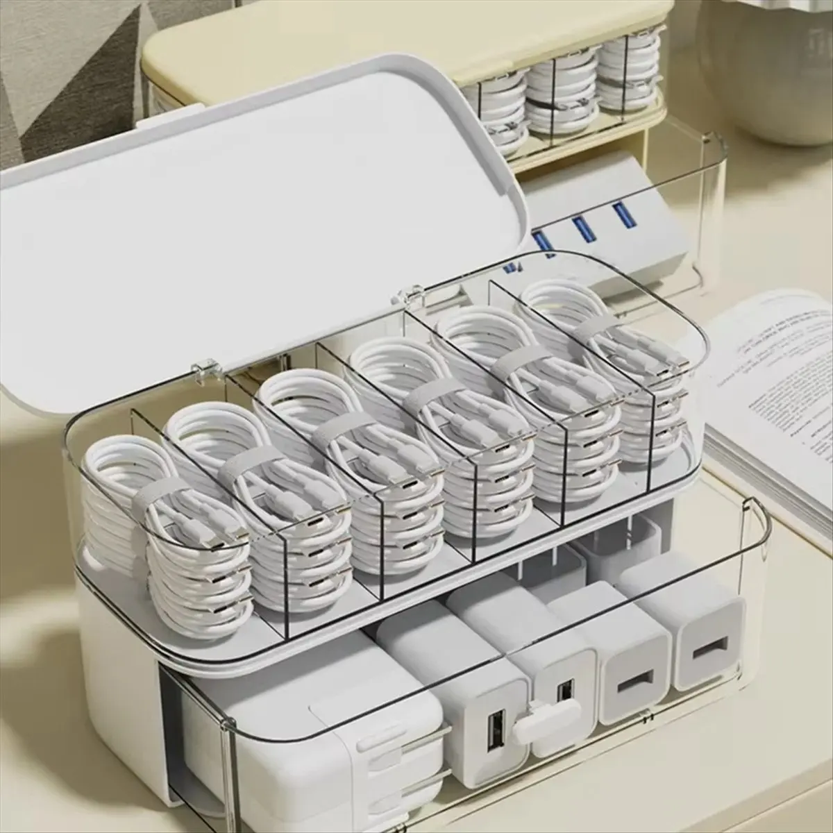 Compact Transparent Desktop Cable Organizer Box with Lid-No Cord and Charger Storage Solution for Home Organization A