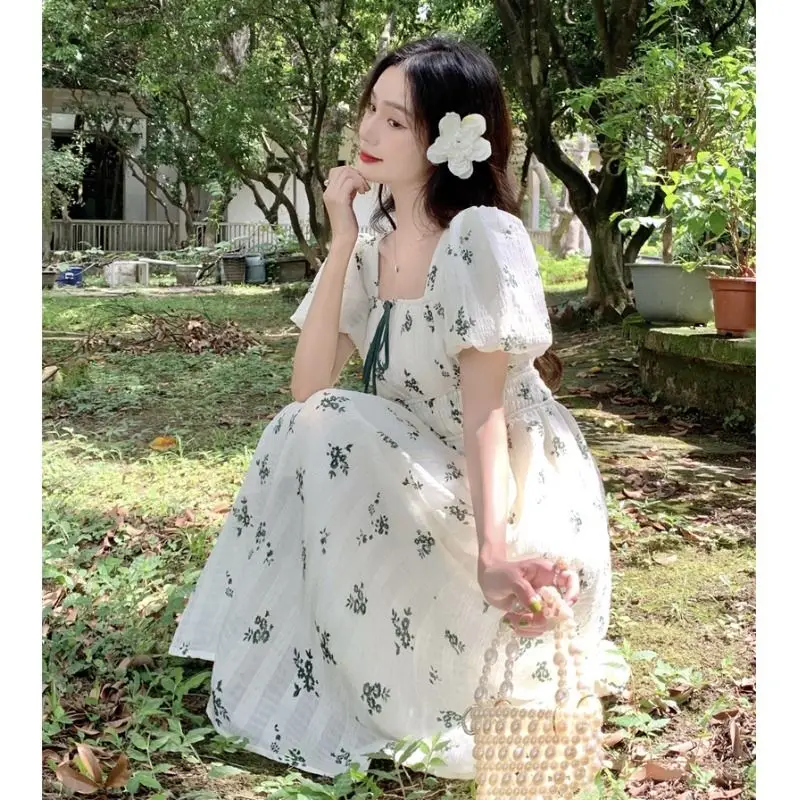 여름 요정 꽃 프린트 비치 드레스 여성 한국어 스위트 스퀘어 칼라 넥타이 하이 웨스트 a 라인 중간 길이 드레스 세련된