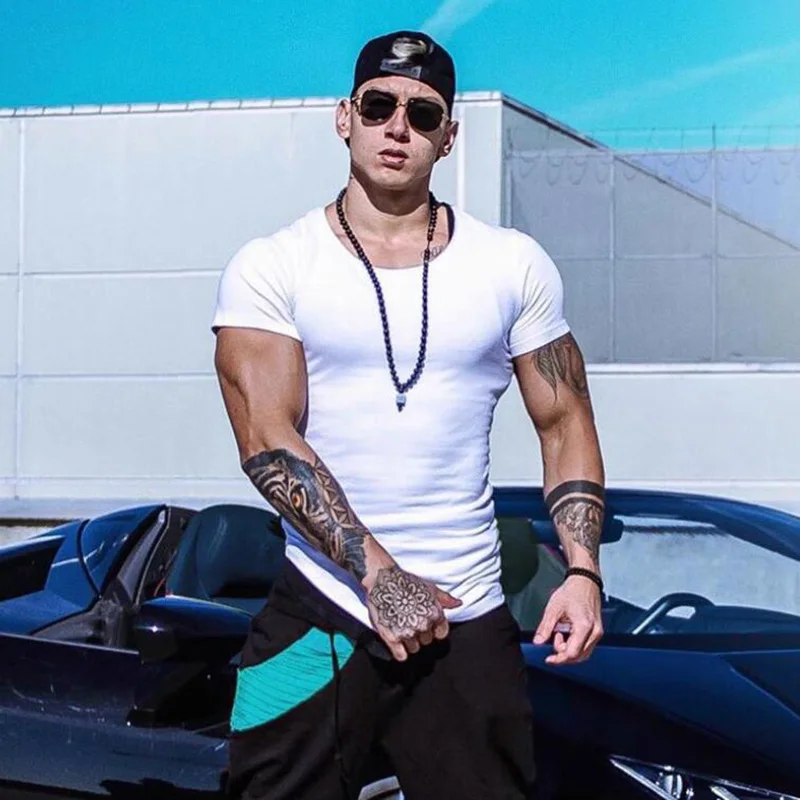 

Plain Gym Bodybuilding Fitness Training Shirt Summer Cotton Breathable Short Sleeve Mens Running Sport Clothing Slim Fit T-Shirt