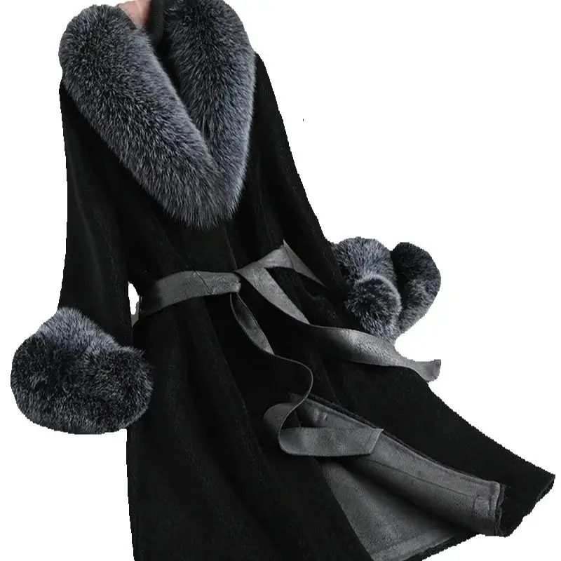 Cashmere coat for women, medium-length fur coat, granular lambskin and fox fur collar, fur integrated