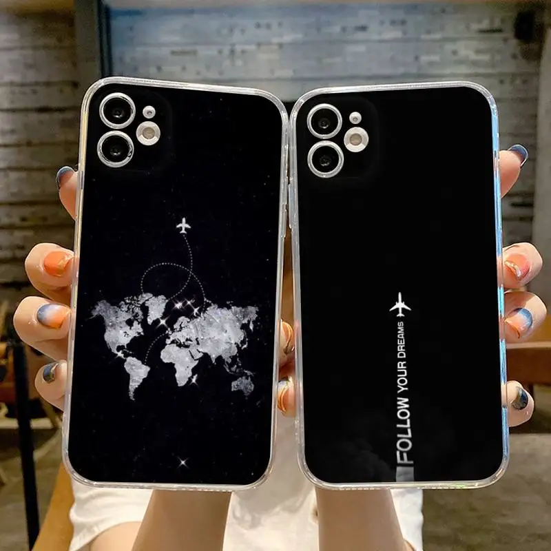 World Map Travel Plane  Phone Case Transparent For iphone 13 12 11 14 Pro Max Mini X XR XS 7 8 plus 13 14 max phone Covers