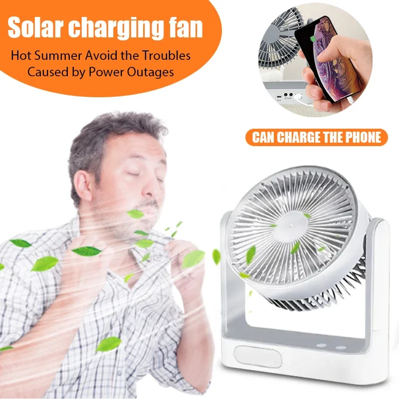 

6-дюймовый домашний портативный вентилятор для солнечной зарядки, регулируемый угол, с 2 лампочками, можно использовать для зарядки мобильного телефона через USB, компактный размер