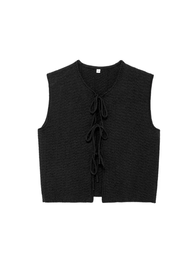 Damska dzianinowa kamizelka z wiązaniem, dekolt okrągły, sweter bez rękawów, damska kamizelka, eleganckie topy, moda
