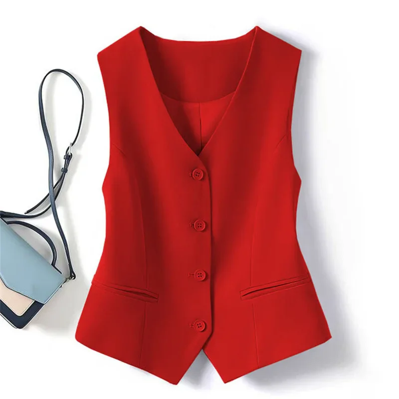 

New Elegant Waistcoat V Neck Single Breasted Formal Business Waistcoat Vest Woman's Fashion Vests Red Vintage Waistcoat