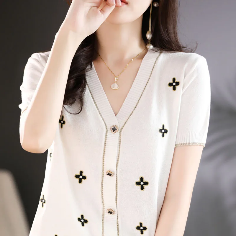 

Summer New Women's Loose V-Ne Ice Silk ort Sve Knitted f Sve T-irt Four Le Clover Design Faionable Slimmin...