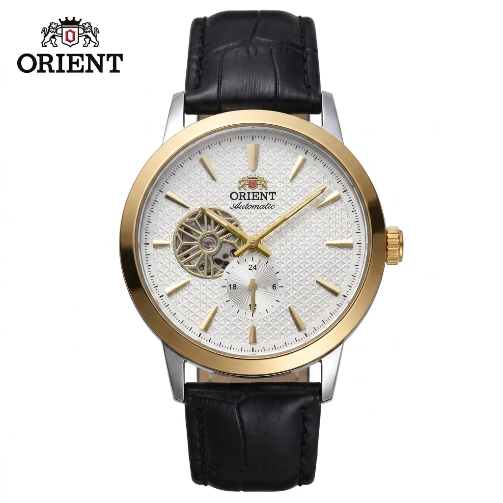 Japan Orient Men Business Automatic Mechanical Wristwatch, Skeleton Dial 24 Hour Small Second Waterproof Leather Strap Watch