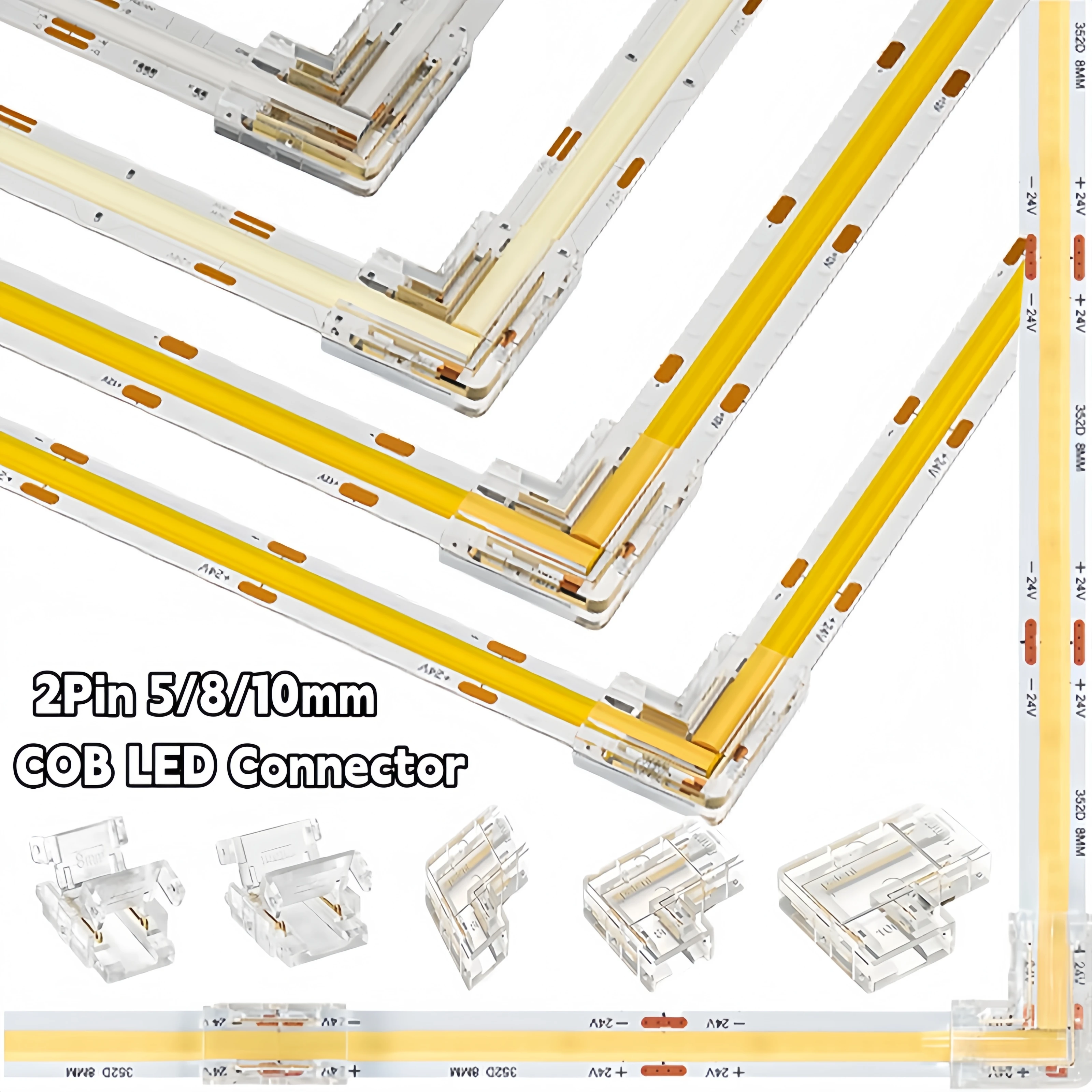 5/8/10mm Wide LED Strip Connector 2Pin L-Shaped COB LED Connectors & 8/10mm 2Pin COB LED Strip to Strip Connections No Soldering