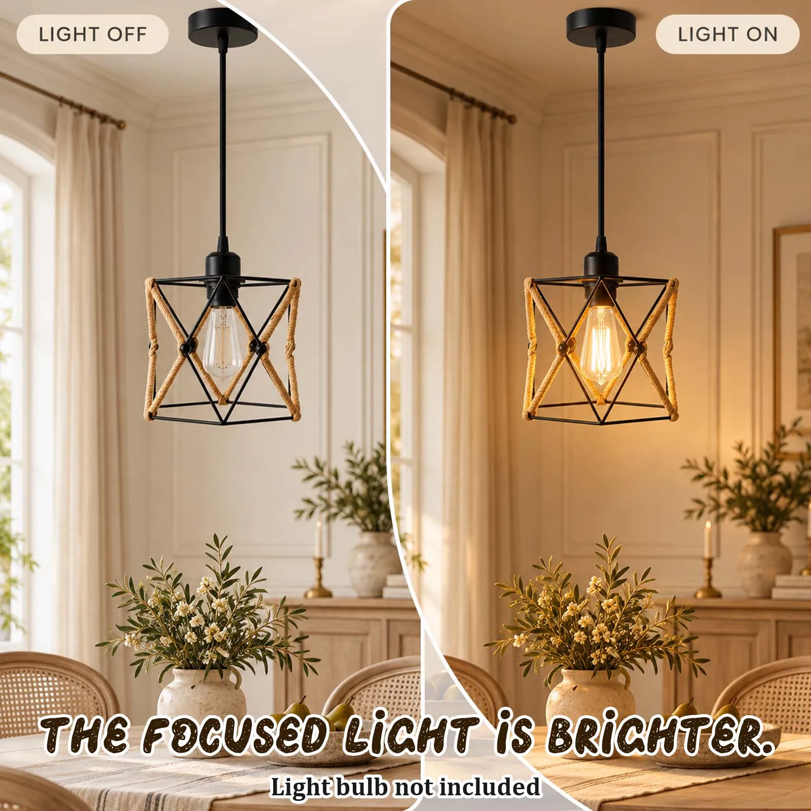 Pendant Lamp, Black Diamond Cage Rope Light, Edison Bulb, E27, Vintage Farmhouse, Dining Room Cafe Bar