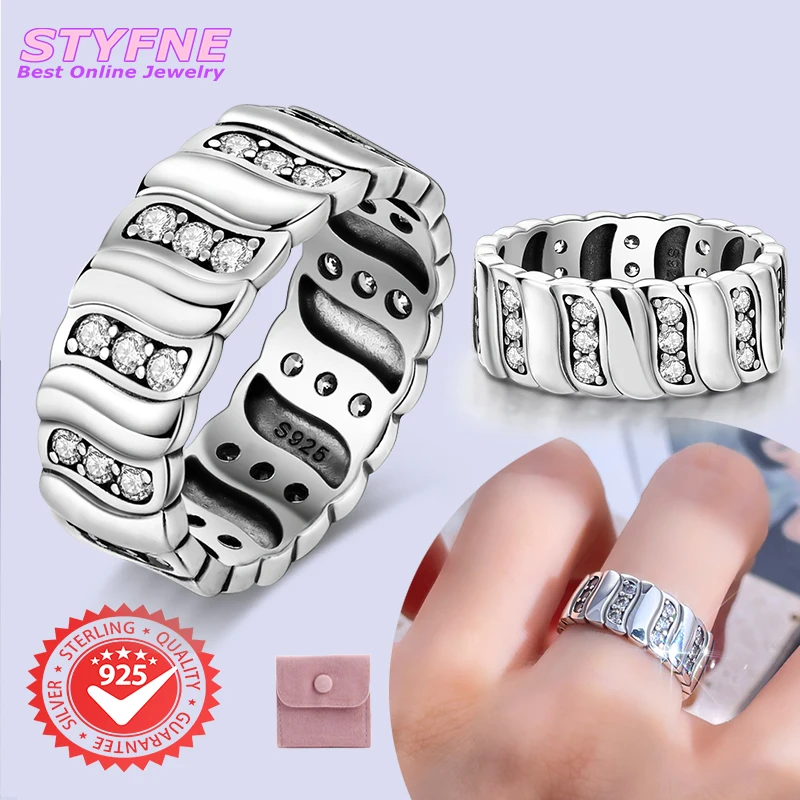 Women 925 Sterling Silver Classic Timeless Striped Zircon Rings Jewelry Anniversary Birthday Fashion Gifts for Mother Wife Girls