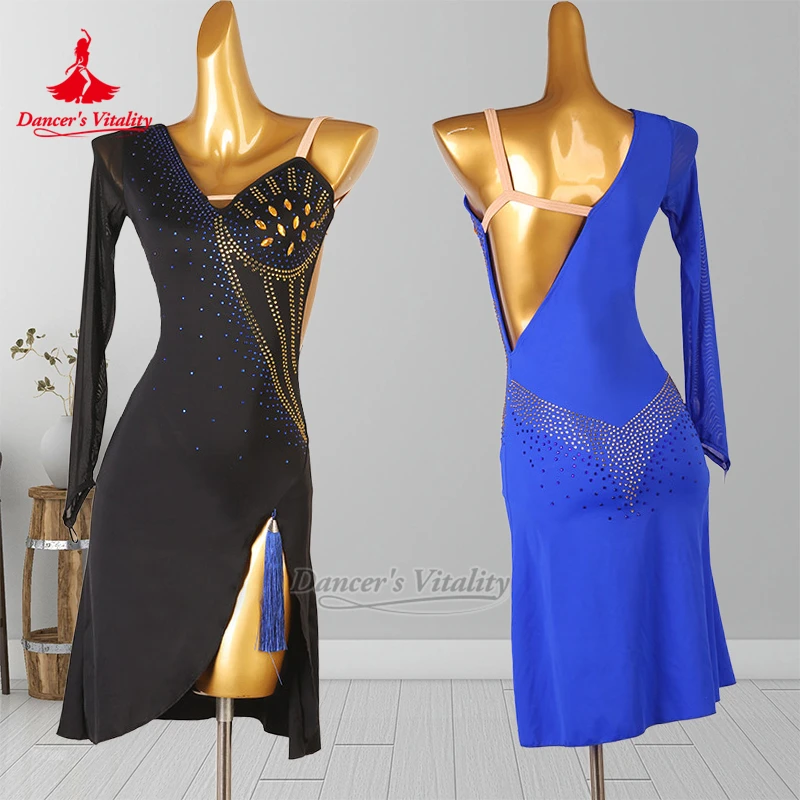 

Женские односторонние платья с длинными рукавами для румбы, чачи, самбы, танцевальная жизненная сила для взрослых, одежда для латинских выступлений и конкурса по индивидуальному заказу