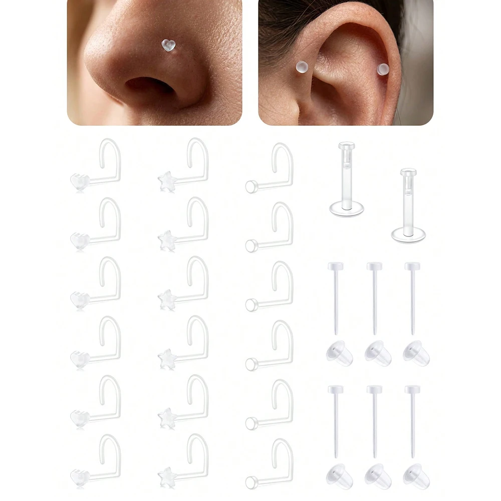 18g 20g Clear Nose Rings Studs For Work Clear Piercing Retainers For Surgery,Plastic Septum Retainer,Labret Lip Studs Plastic