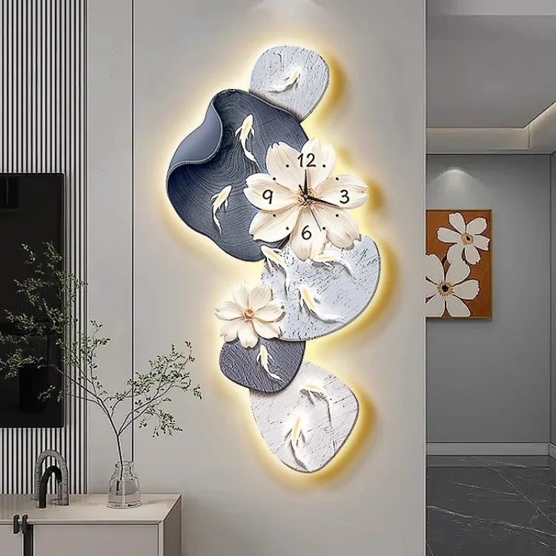 【Hot】Wall Clo-ck Modern Minimalist Nine Koi Fish Large Silent Wall Clo-ck Home Decor Living Room Bedroom TV Background No Drilli