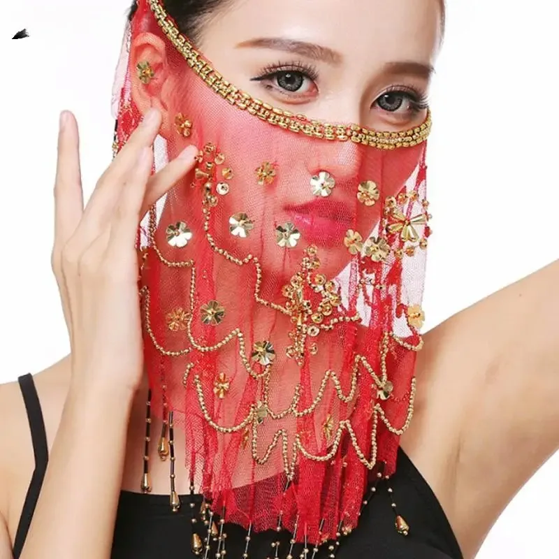 

Women Belly Dance Face Veil Female Indian Dance Suit Accessories Lady Sequin Face Tribal Masquerade Mask Wrap Scarf Tassel Mask