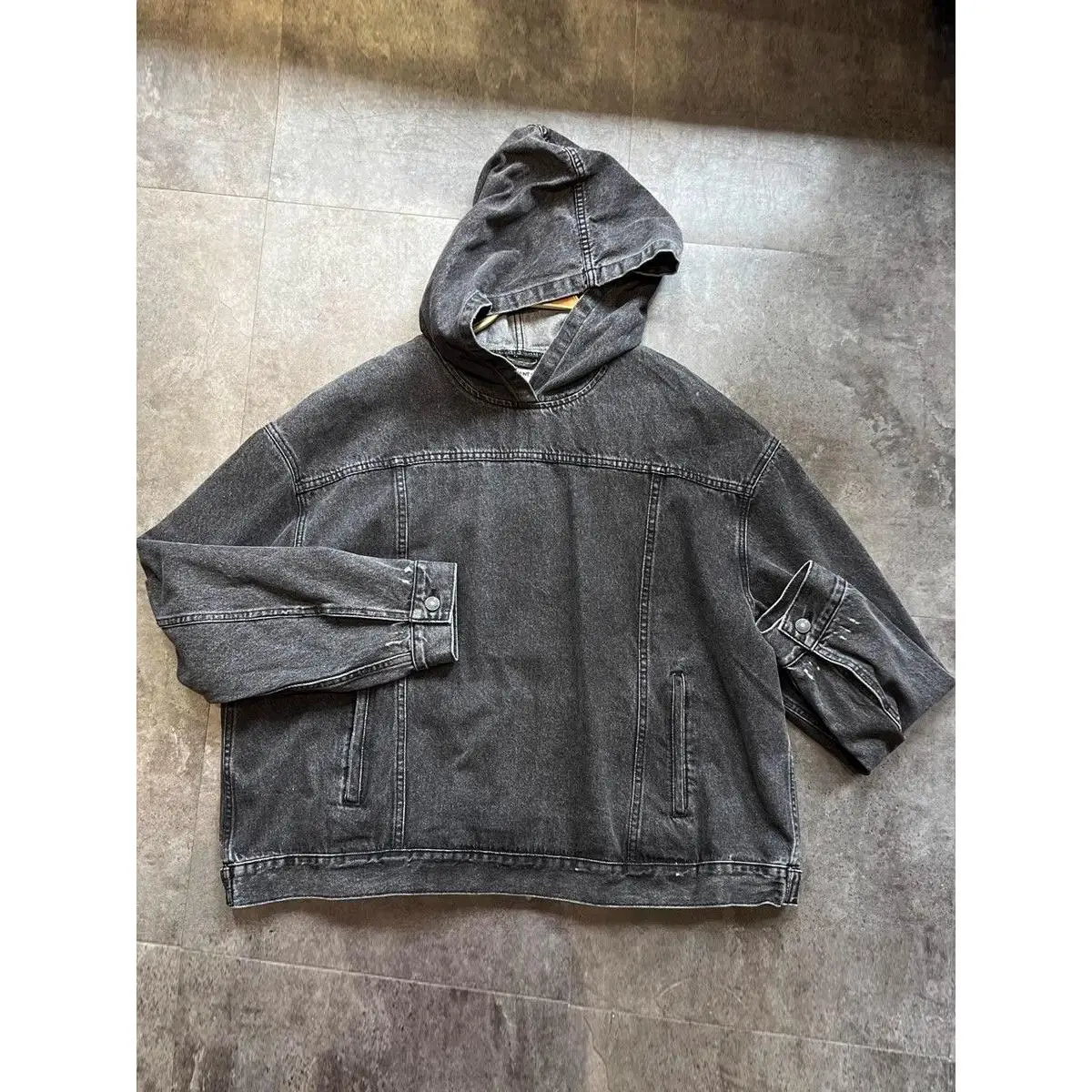 

Waed Denim Hoodie ex Spring Street Sle Vintage Trendy Loose Fit Jeans Material Stand Fit Long Sve Youth Faion