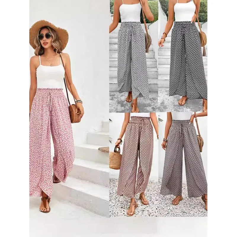 

Summer Women Pants Floral Print Wide Leg Pants High Waist Culottes Pink Floral Pants Woman Clothing Women' S Clothes Women's