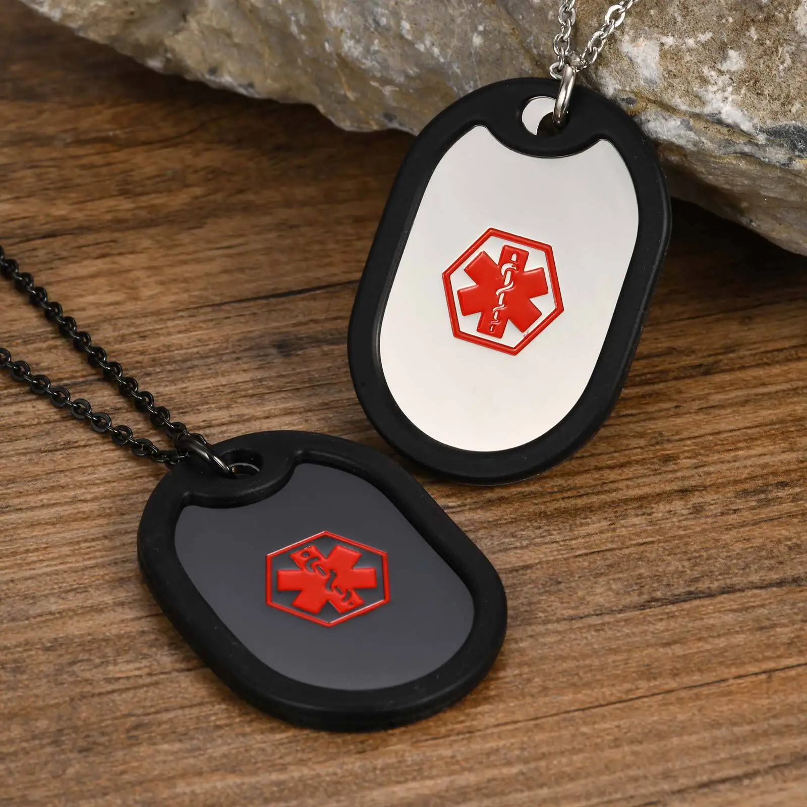 Vnox Free Custom Back Medical Alert ID Dogtag Pendant for Men Women,Emergency Contact Reminder Engraved Dog Tag Necklaces