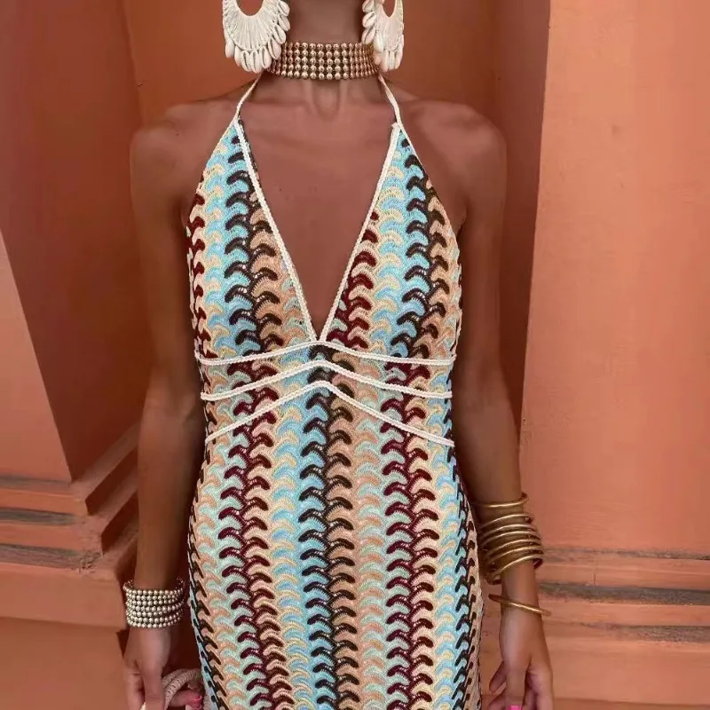 NIEUWE Vrouwen V-hals Zomerjurk Vrouwen Sexy Hoge Taille Mouwloze Backless Halter Elegante Party Strand Jurk Prom Gown