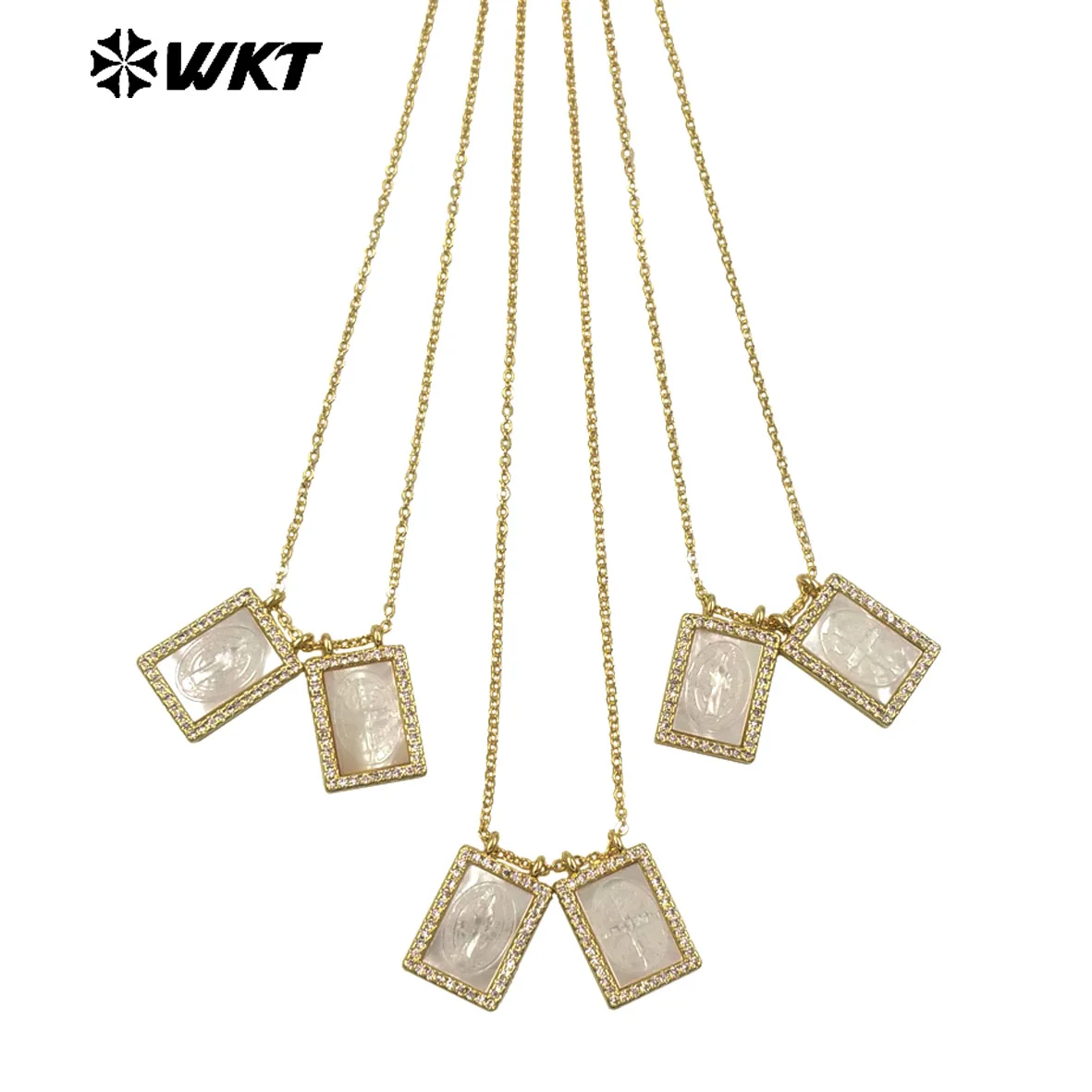 WT-JN392 Unique Religious Rectangle Shape Religious Pattern Engrave White Shell Charms 18Inch Pendants Fine Chain Necklace