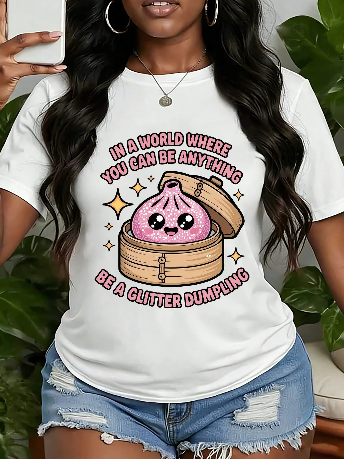 Cute Glitter Dumpling In Bamboo Steamer With Slogan Text Art Print Graphic Ladies T Shirt Short Sleeve Crew Neck Casual Tee Tops