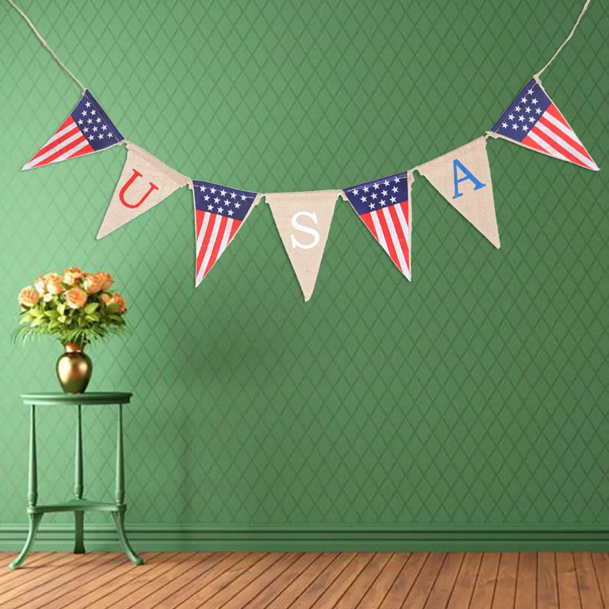 USA Patriotic Hanging Banner 2M Burlap Fourth of July Garland for Outdoor Indoor Party Photo Backdrop