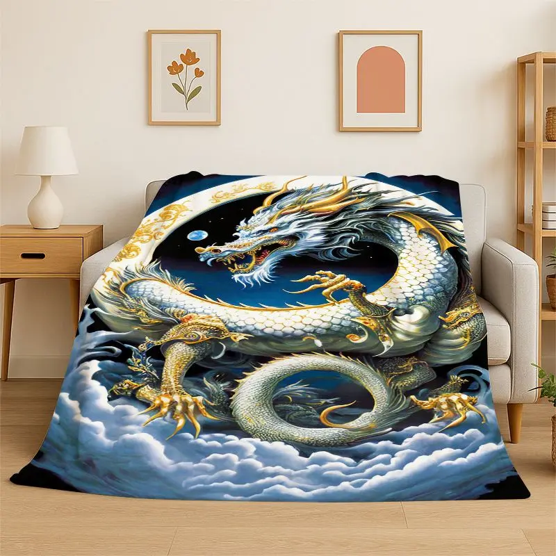 Dragon China Loong Cartoon Flannel Blanket Soft Throw Blanket for Bedroom Living Room Bed Travel Camping Picnic Nap Cover Gift