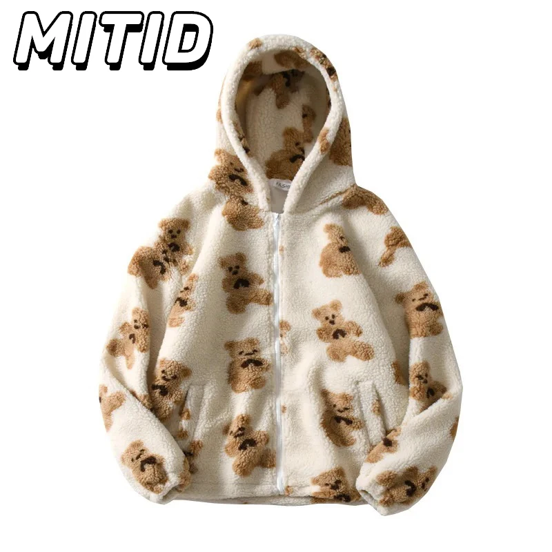 Hip Hop Streetwear Autumn Winter Jacket Women Cartoon Bear Printed Fleece Warm Hooded Jacket Men Korean Fashion Coat Clearance