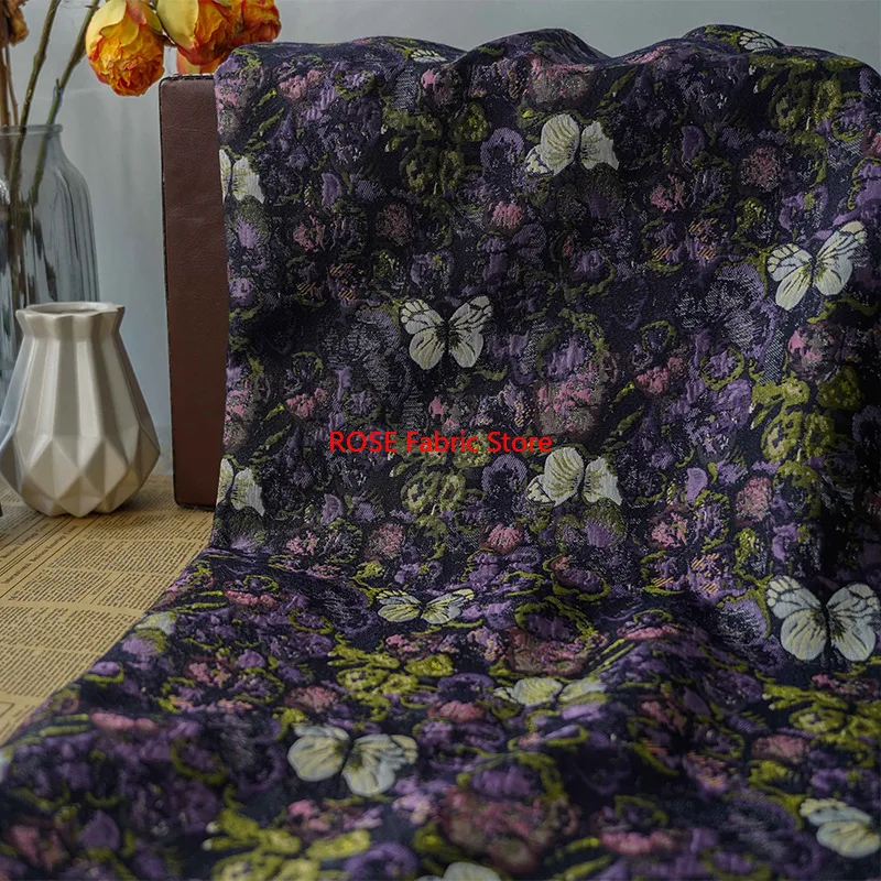 1 meter Oil Painting Texture Black Purple Butterfly Thick Yarn Dyed Jacquard Fabric Women's Dress Shoes Bag Diy Sewing Fabric