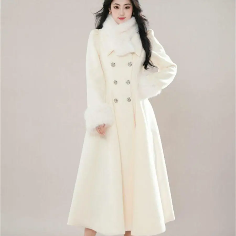 

Autumn Winter Slimming Woolen Coat Women's Long Over-Knee Youthful Sweet Lightweight Luxury Trendy Commute Sle Button ket