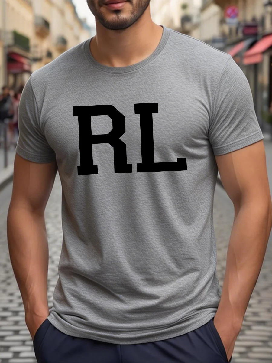 White Short Sleeve T-Shirt with Bold Black RL Graphic Print Crew Neck Casual Tee for Men