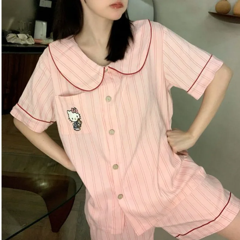 

Милая пижама Sanrio Hello Kitty, женская ночная рубашка с шортами, одежда для сна с короткими рукавами, ночная рубашка с рисунком Kawaii, летний комплект домашней одежды, новинка