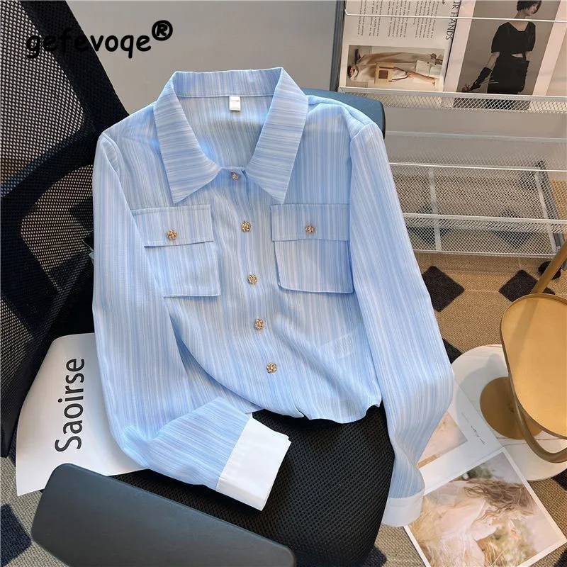 2023 Autumn New Little Fragrance Blue Stripe Long Sleeve Shirt Women\'s Short Fashion Unique Versatile Shirt French Polo Neck Top