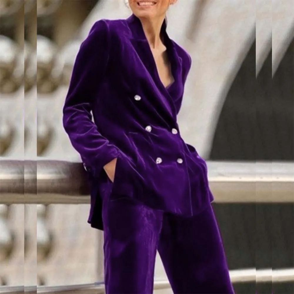 Luxury Purple Women's 2 Piece Sets Suits Chic Double Breasted Peak Lapel Slim Fit Jacket Pants Outfits Velvet Office Blazer 2025