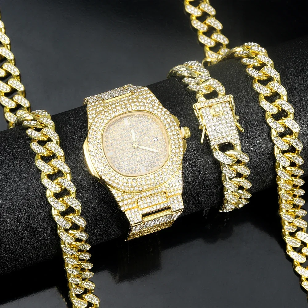 3pcs Men Classic Watch Set Stylish Hip-hop Punk Cuban Chain+Bracelet+Watch 3-in-1 Set Trend Jewelry Gift For Men Street Style