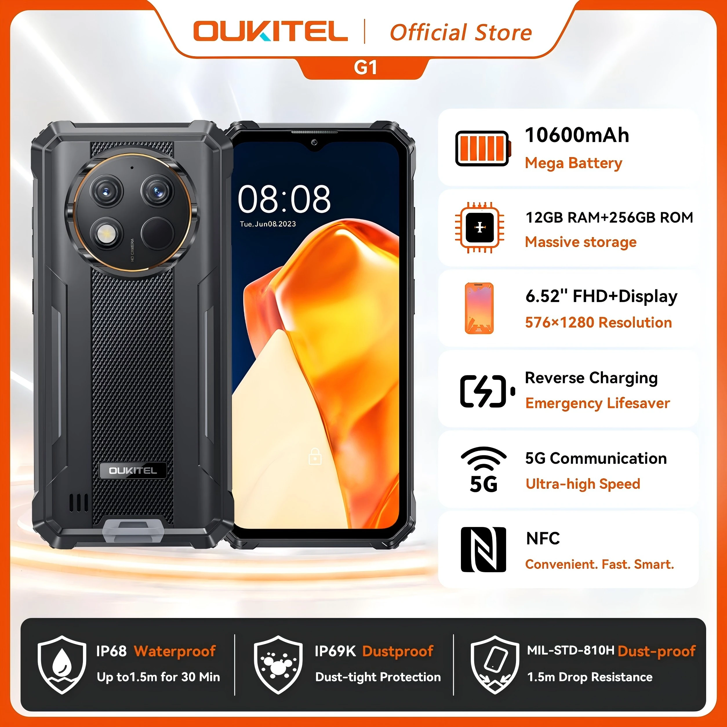 OUKITEL G1 러기드 폰 - 10600mAh 배터리, 24(6+18)GB+256GB 저장용량, 6.52인치 디스플레이, ...