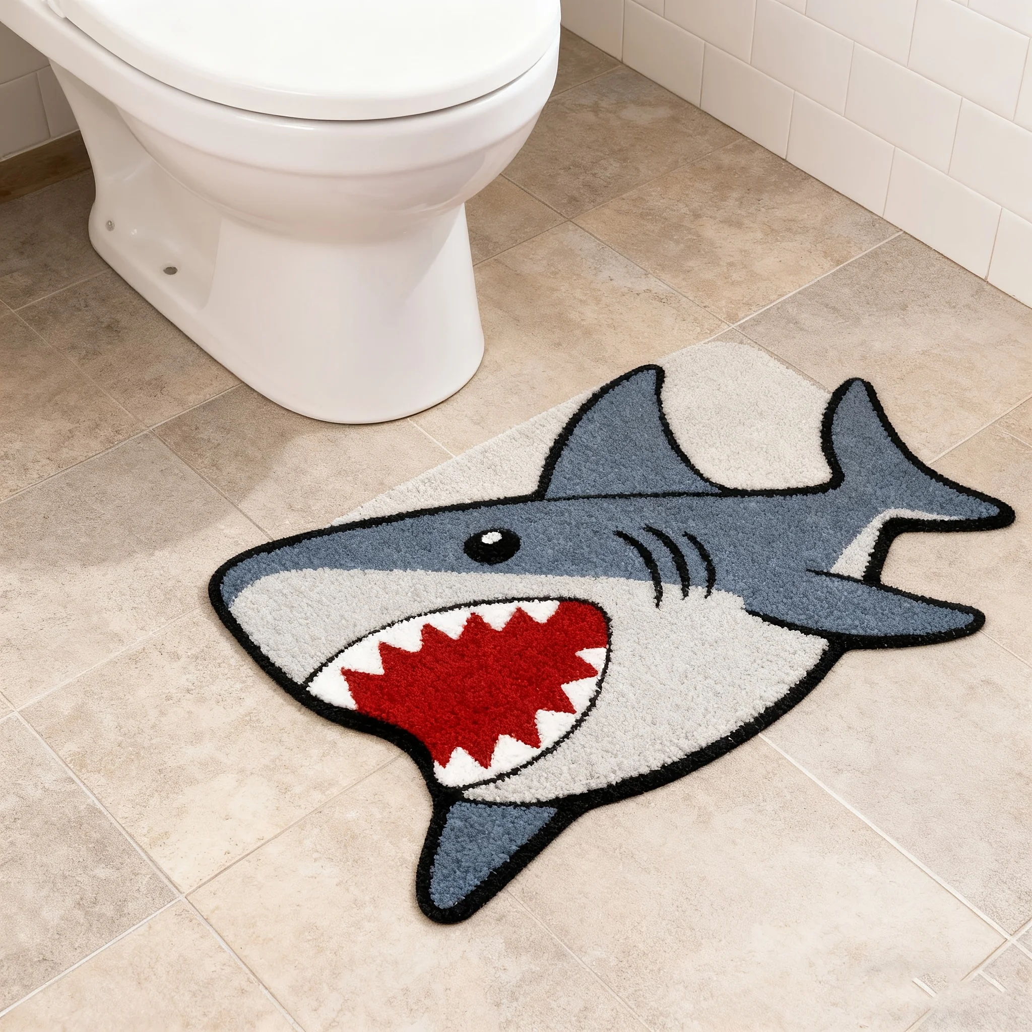 VIKAMA Cute Cartoon Shark Shaped Irregular Doormat Ocean Animal 2D Tufted Print Non Slip Kids Bedroom Entryway Rug Home Decor