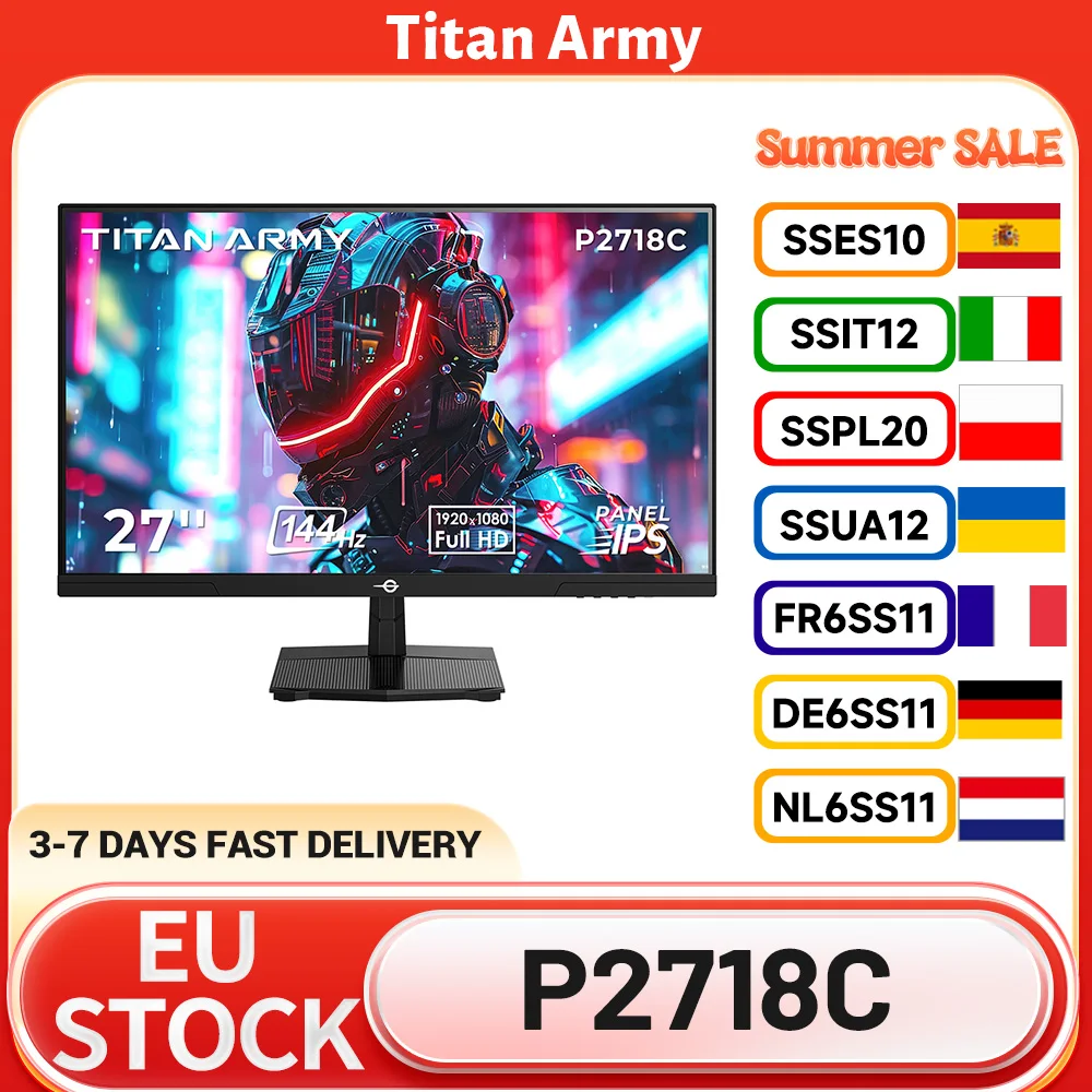 TITAN ARMY P2718C Moniteur de jeu plat avec rapport d'aspect 16:9, IPS FHD, fréquence de rafraîchissement de 144 Hz, 27 pouces, 350 cd/m² (typique), 250 cd/m² (minimum)
