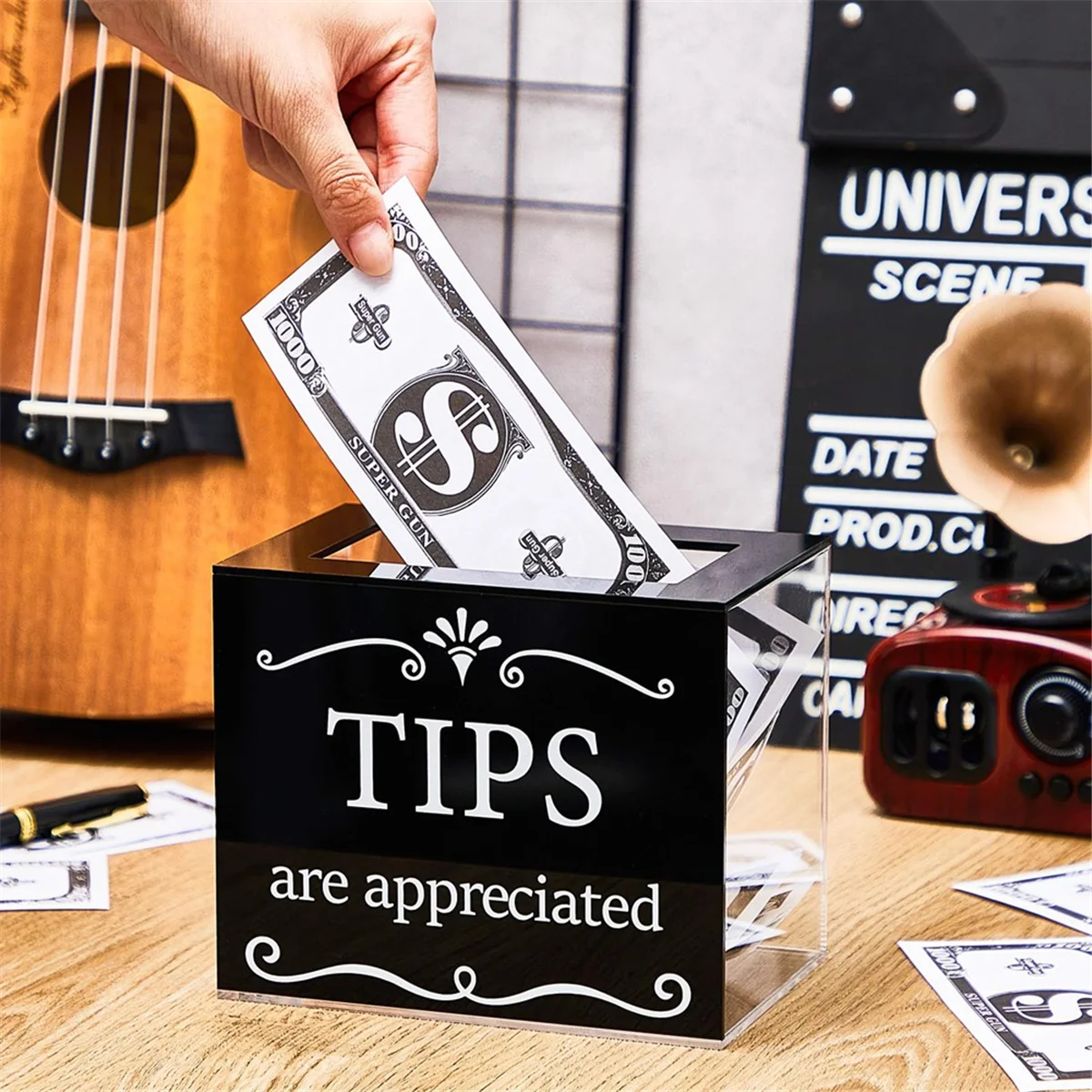 ADP-Tip Jars for Money Acrylic Tip Cash Box Donation Tip Bucket 6x4x5 Inch Storage Container Suggestion Box Raffle Cash Box