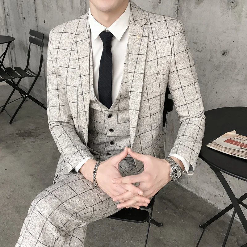 (Jacket + Vest Pants) 2024 Men's Groom Wedding Dress Plaid Formal Suits Set Men Fashion Casual Business Slim Suit Three-piece