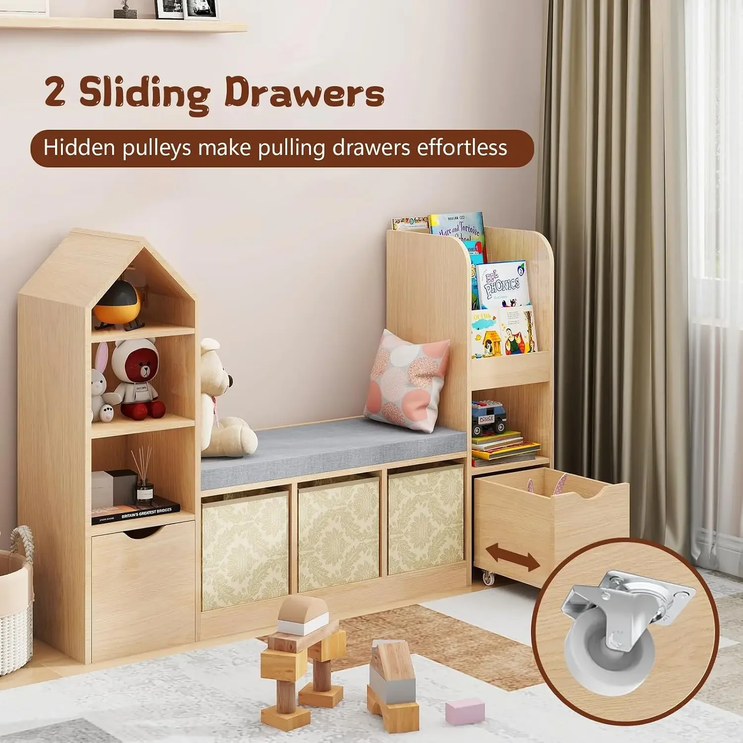 Toy Storage Organizer for Kids Bookshelf with Reading Nook, Multifunctional Kids Bookcase with 7 Storage Cubbies, 2 Movable Draw